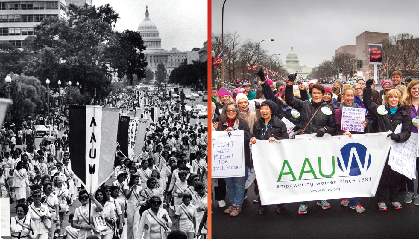 Side by side photo comparison of ɫ members at protest march in Washington, D.C. in the 1970s and a present-day photo of ɫ members at the 2017 Women's March on Washington.